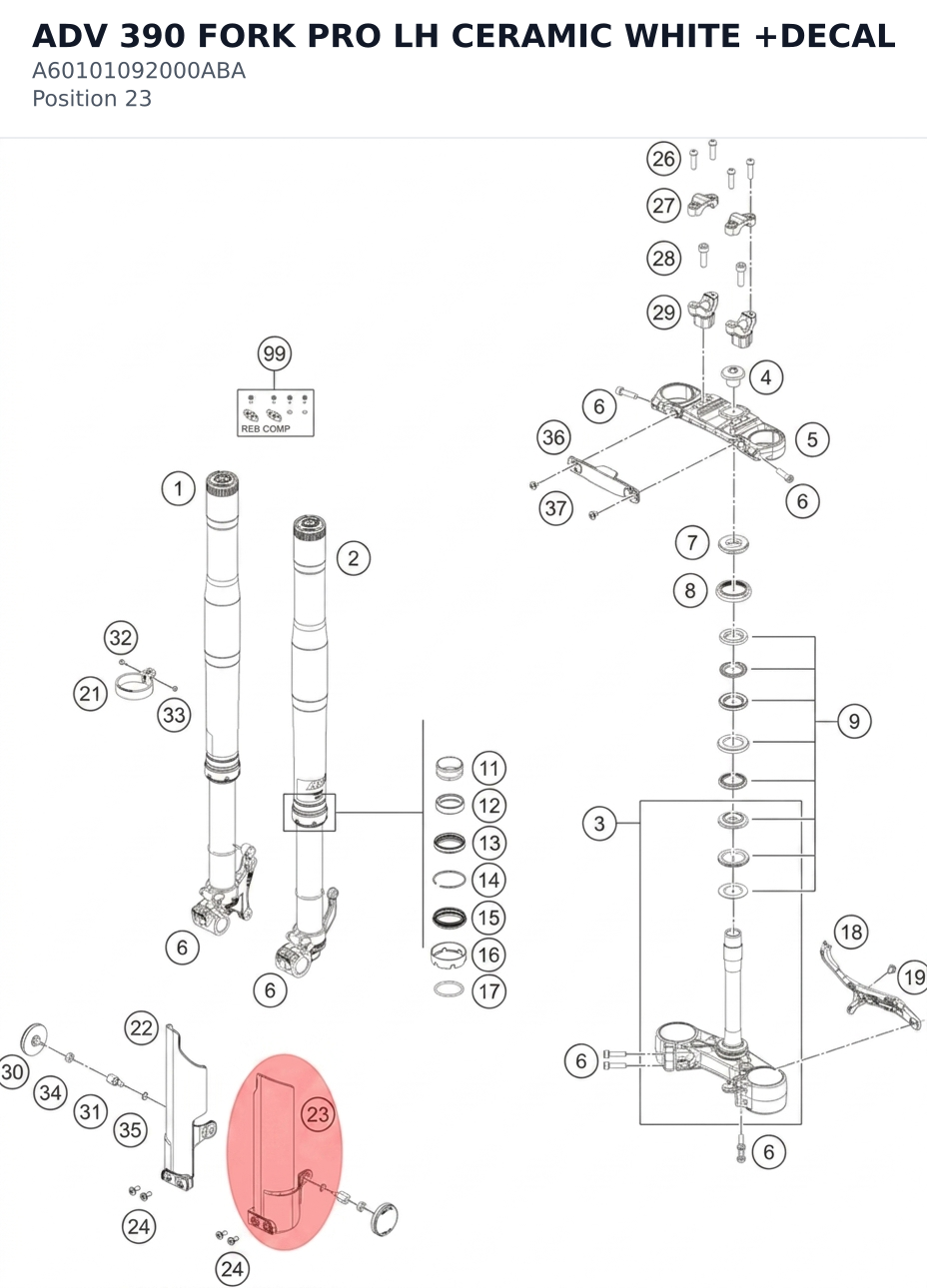 Diagram preview: ADV 390 FORK PRO LH CERAMIC WHITE +DECAL (A60101092000ABA)
