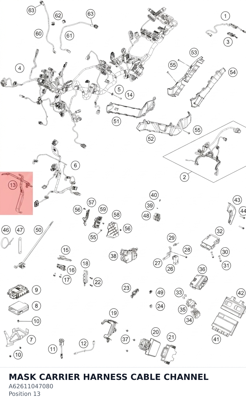 Diagram preview: MASK CARRIER HARNESS CABLE CHANNEL (A62611047080)