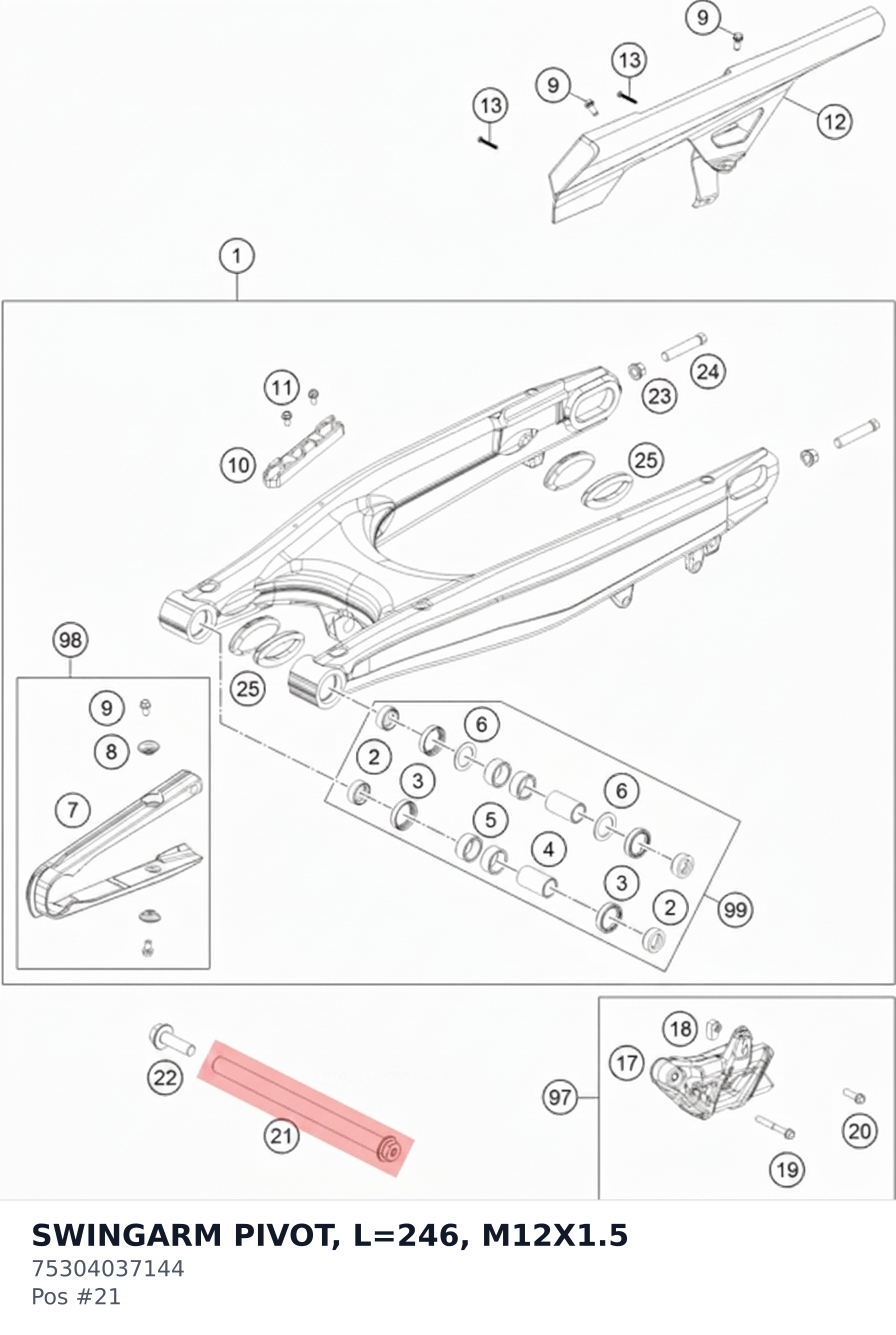 Diagram preview: SWINGARM PIVOT, L=246, M12X1.5 (75304037144)
