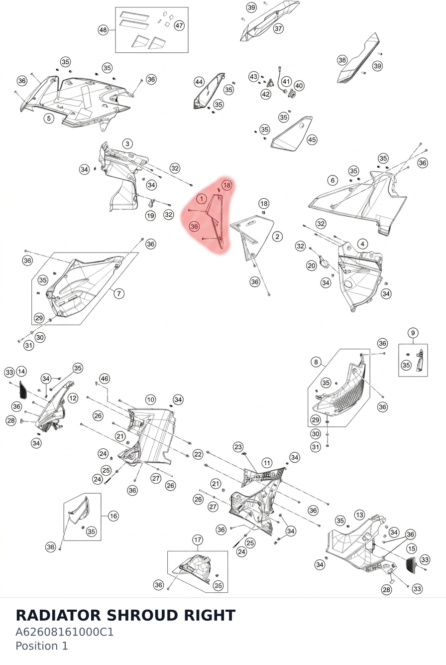 Diagram preview: RADIATOR SHROUD RIGHT (A62608161000C1)