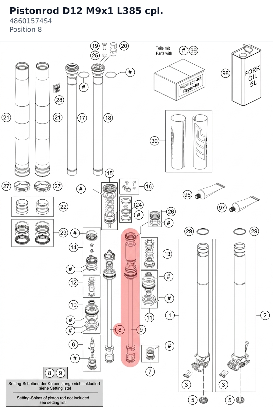 Diagram preview: Pistonrod D12 M9x1 L385 cpl. (48601574S4)