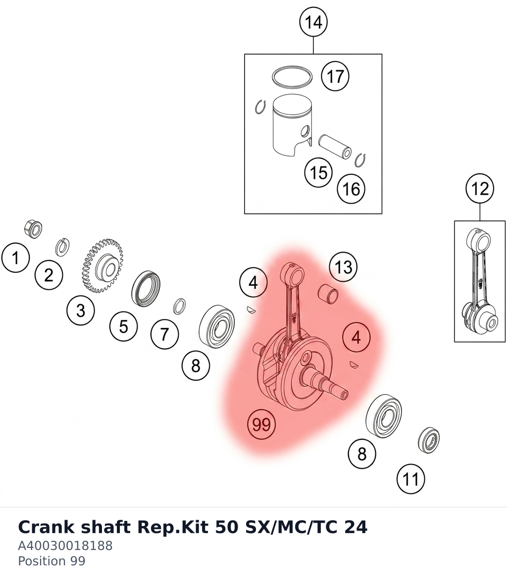 Diagram preview: Crank shaft Rep.Kit 50 SX/MC/TC 24 (A40030018188)