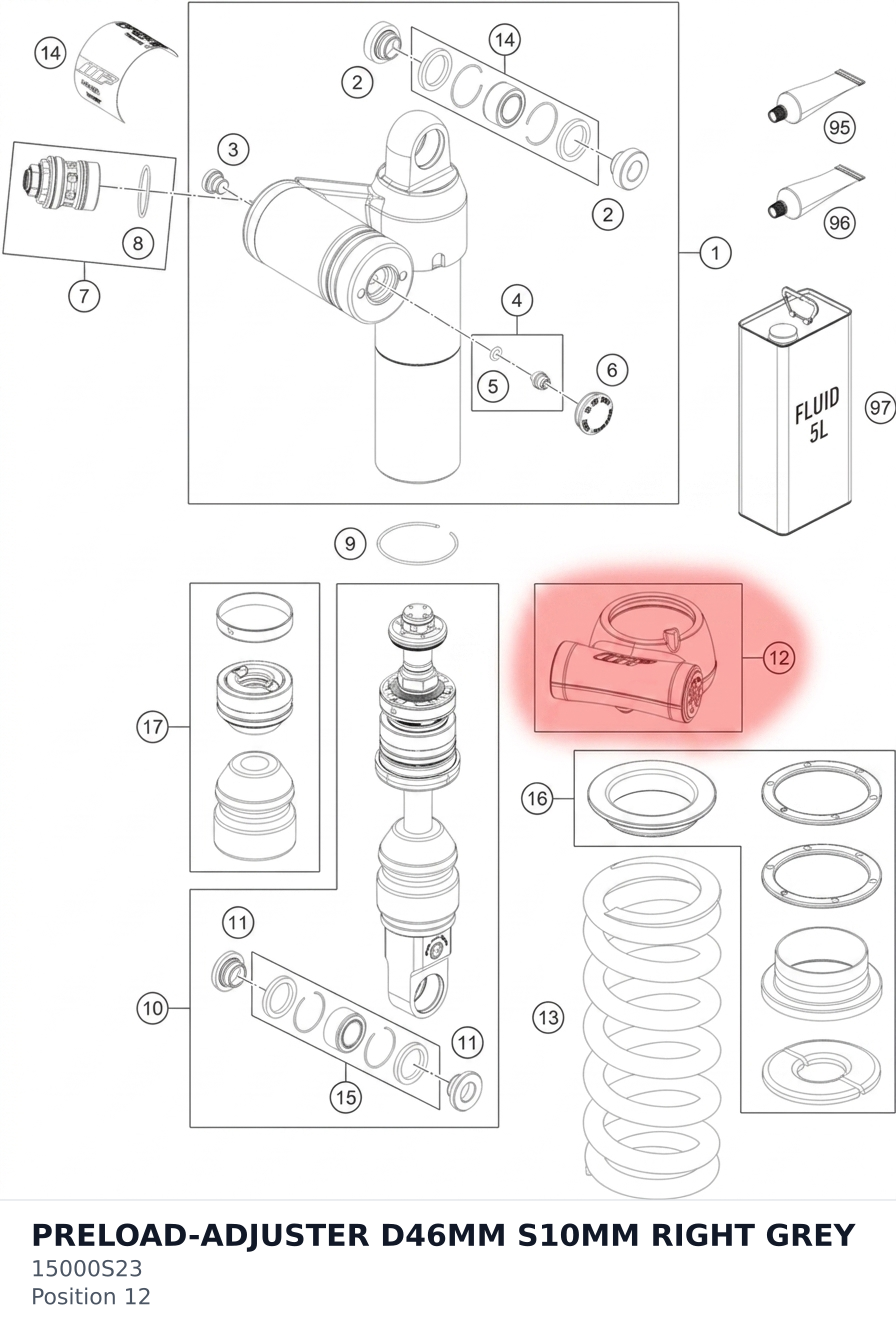 Diagram preview: PRELOAD-ADJUSTER D46MM S10MM RIGHT GREY (15000S23)