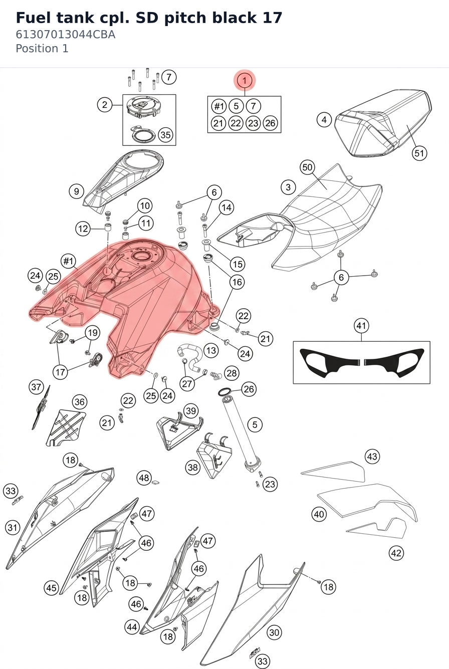 Diagram preview: Fuel tank cpl. SD pitch black 17 (61307013044CBA)