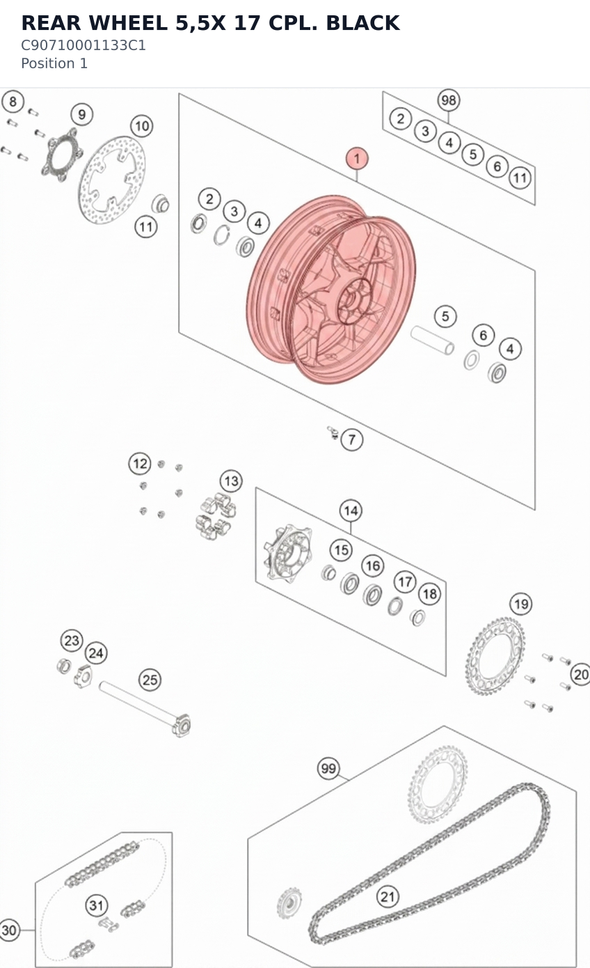 Diagram preview: REAR WHEEL 5,5X 17 CPL. BLACK (C90710001133C1)