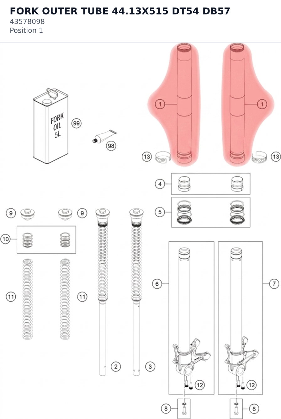 Diagram preview: FORK OUTER TUBE 44.13X515 DT54 DB57 (43578098)