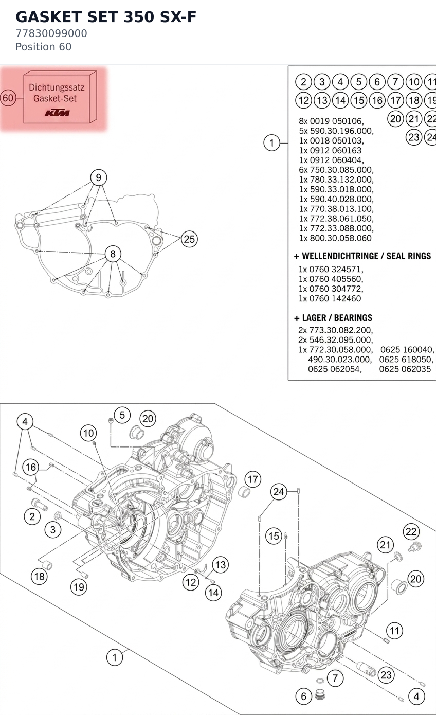 Diagram preview: GASKET SET 350 SX-F (77830099000)