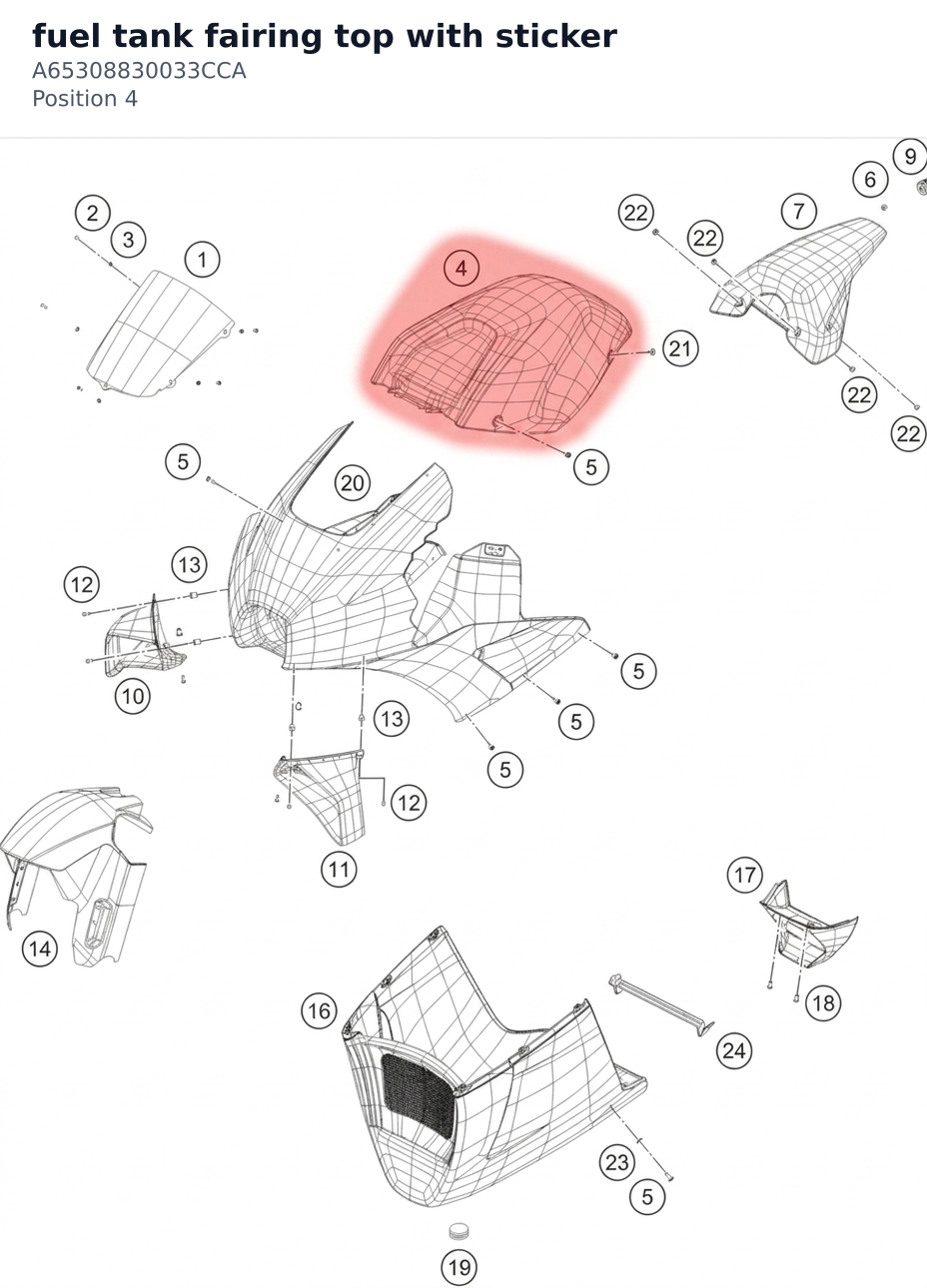 Diagram preview: fuel tank fairing top with sticker (A65308830033CCA)