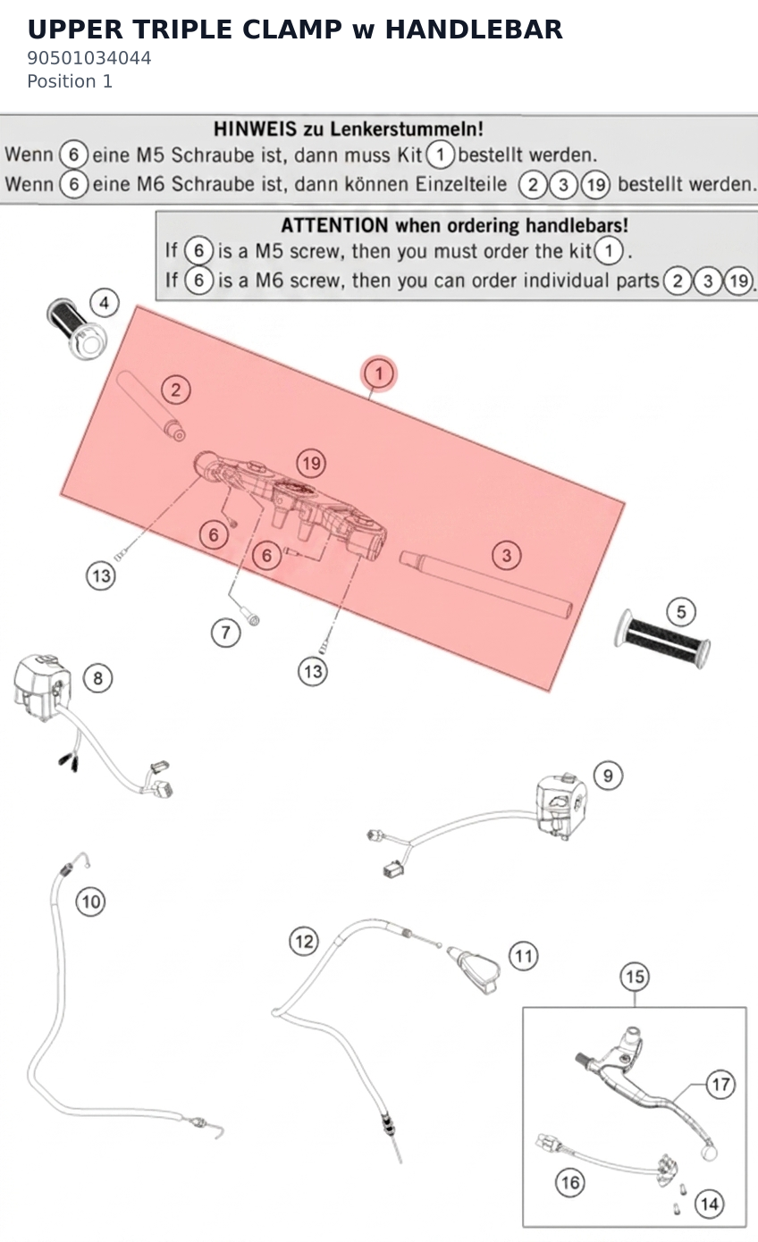 Diagram preview: UPPER TRIPLE CLAMP w HANDLEBAR (90501034044)