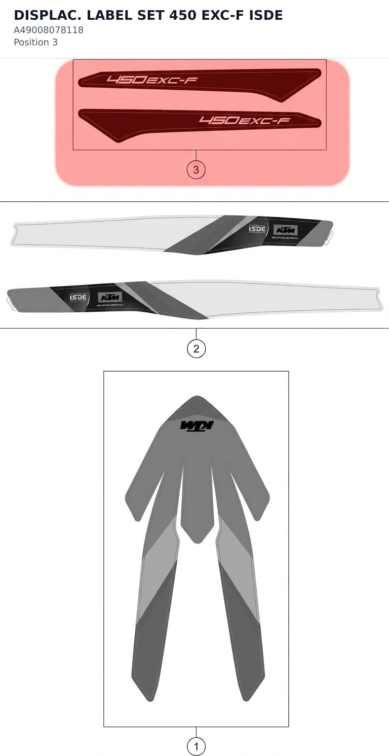 Diagram preview: DISPLAC. LABEL SET 450 EXC-F ISDE (A49008078118)