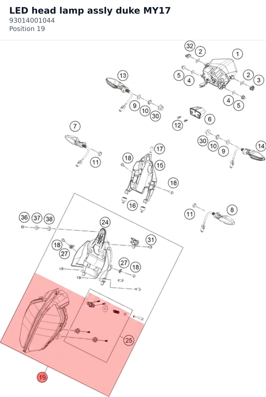 Diagram preview: LED head lamp assly duke MY17 (93014001044)