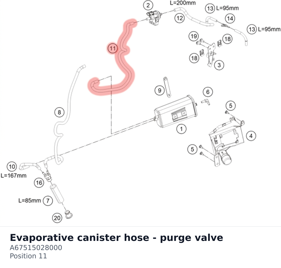 Diagram preview: Evaporative canister hose - purge valve (A67515028000)