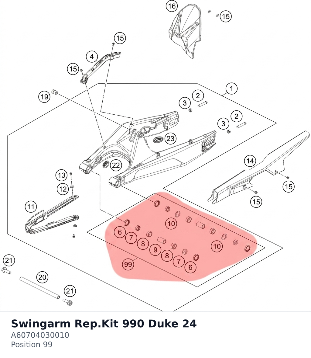 Diagram preview: Swingarm Rep.Kit 990 Duke 24 (A60704030010)