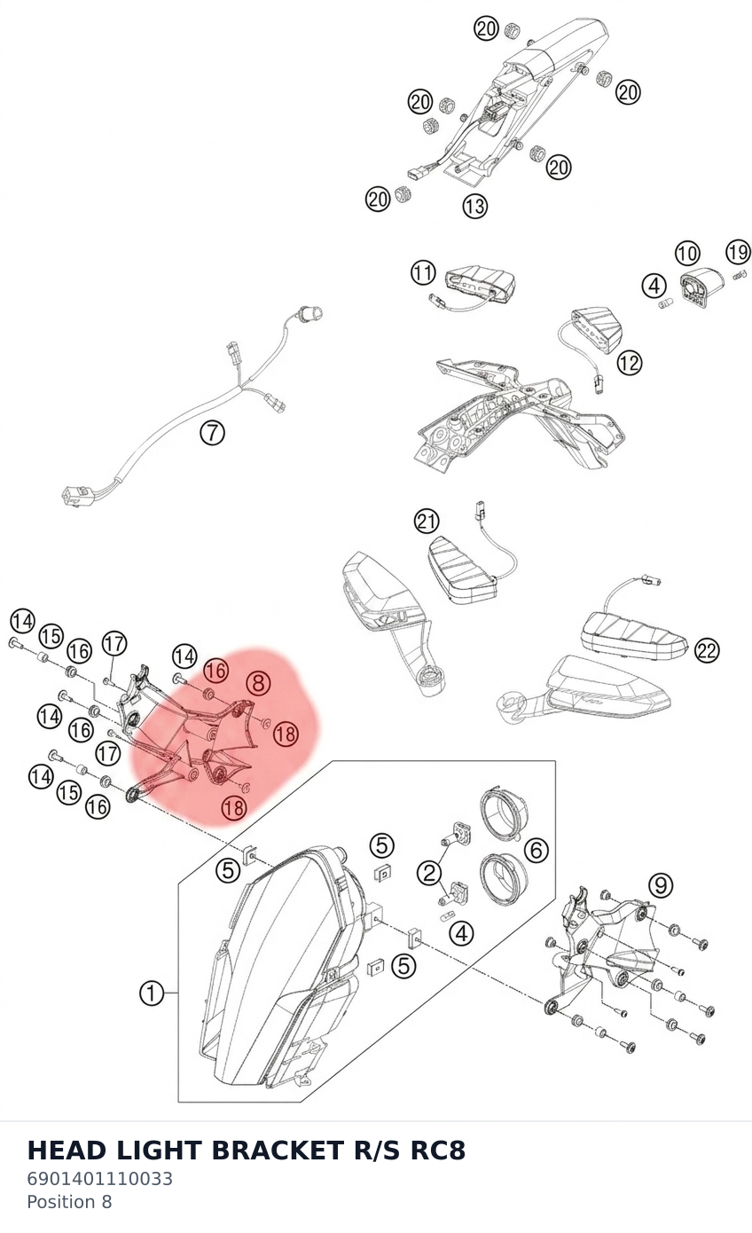 Diagram preview: HEAD LIGHT BRACKET R/S RC8 (6901401110033)