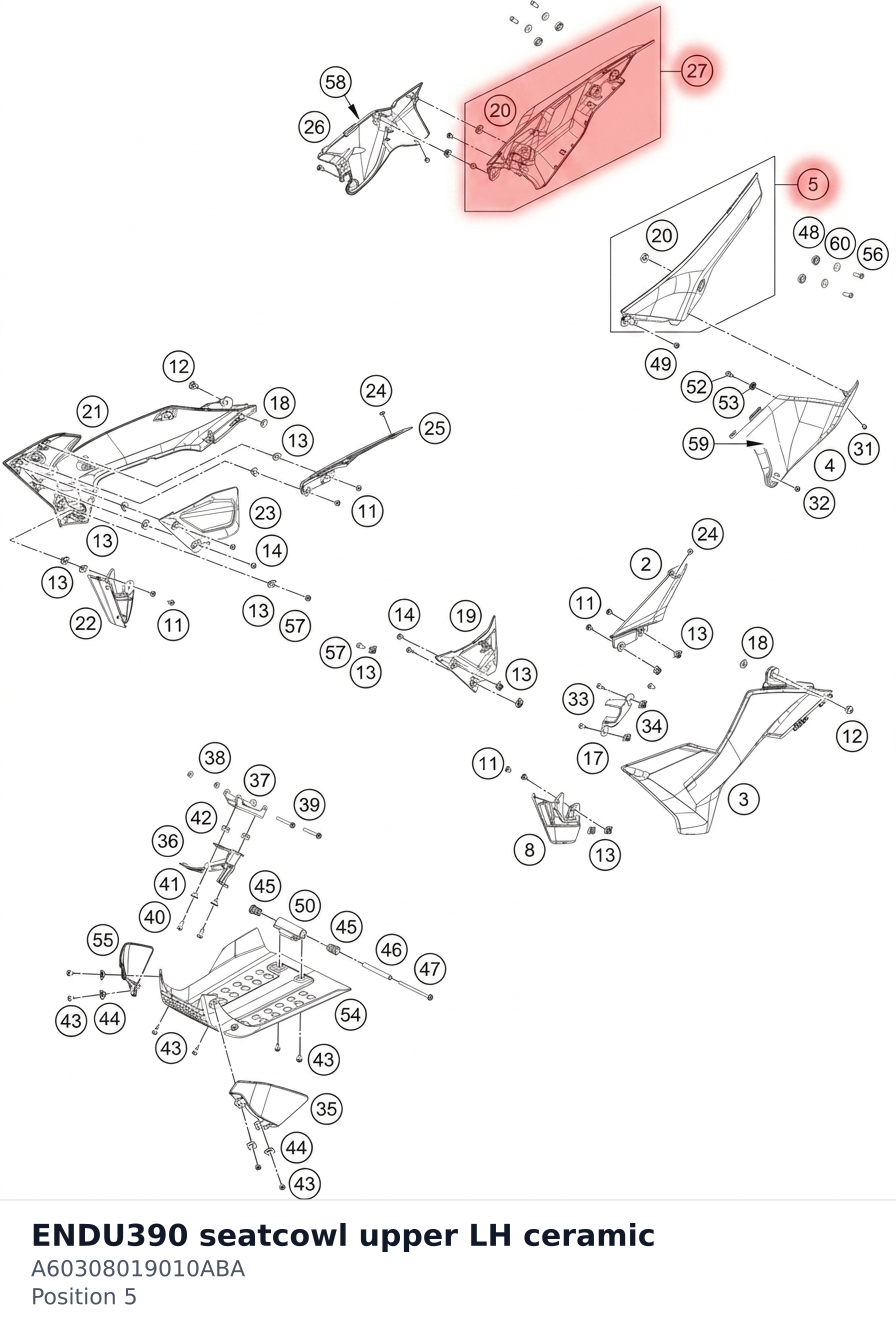 Diagram preview: ENDU390 seatcowl upper LH ceramic (A60308019010ABA)