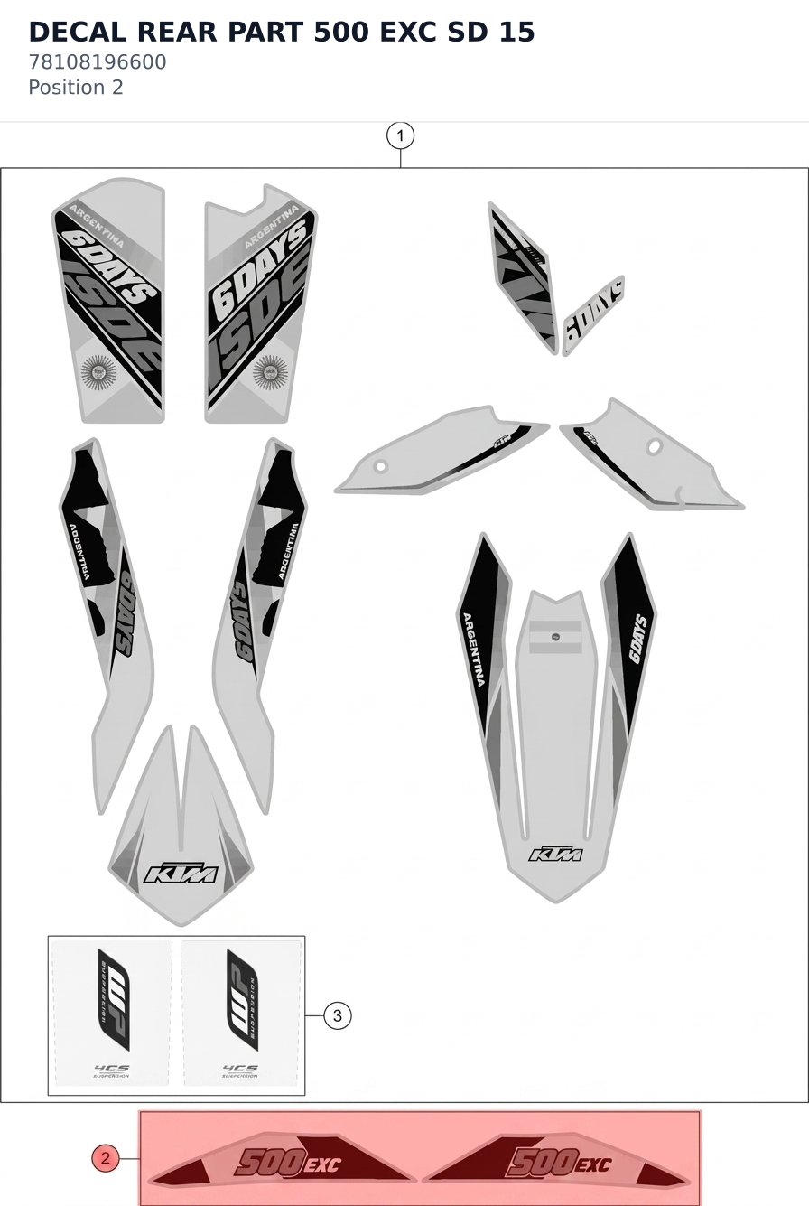 Diagram preview: DECAL REAR PART 500 EXC SD 15 (78108196600)