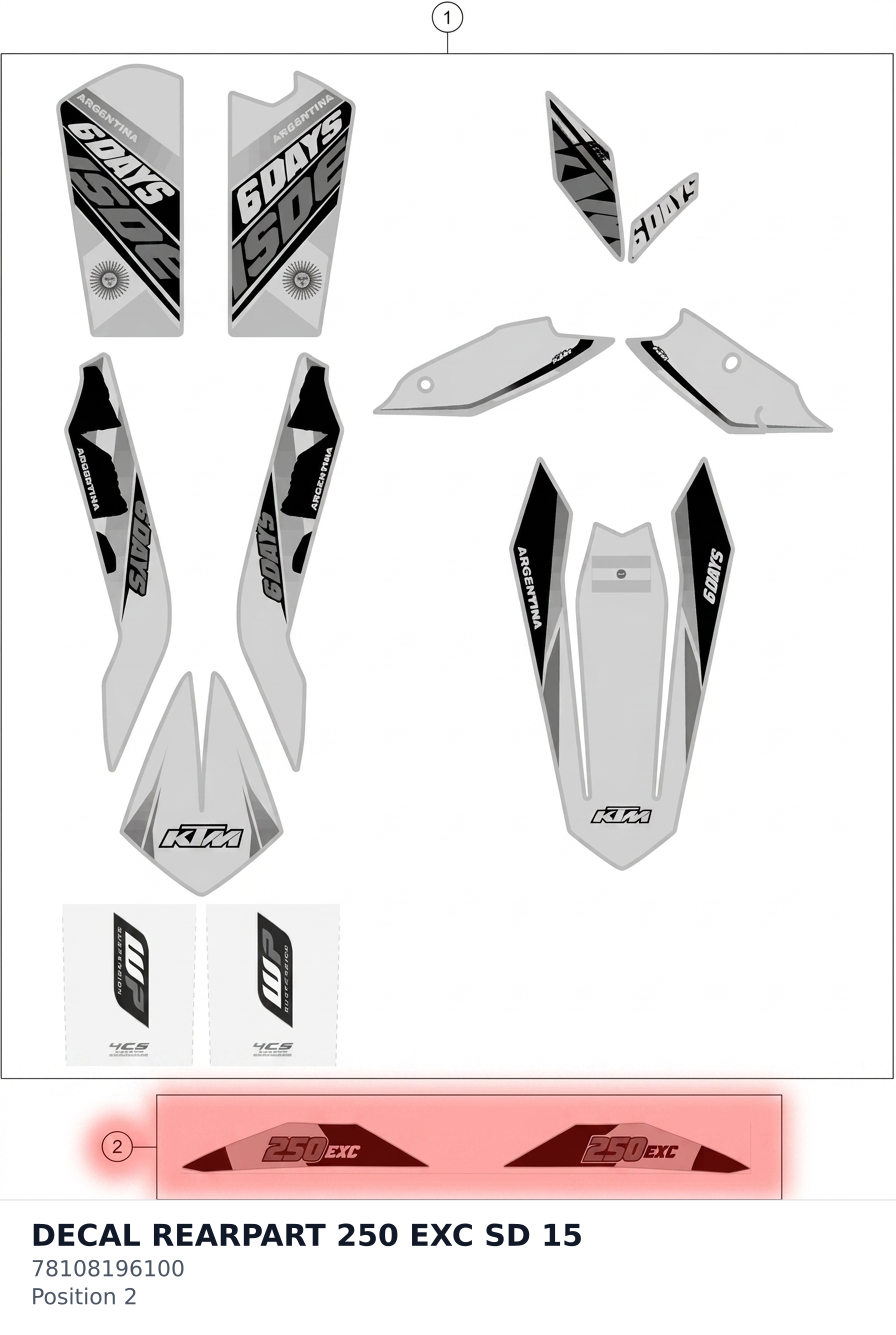 Diagram preview: DECAL REARPART 250 EXC SD 15 (78108196100)