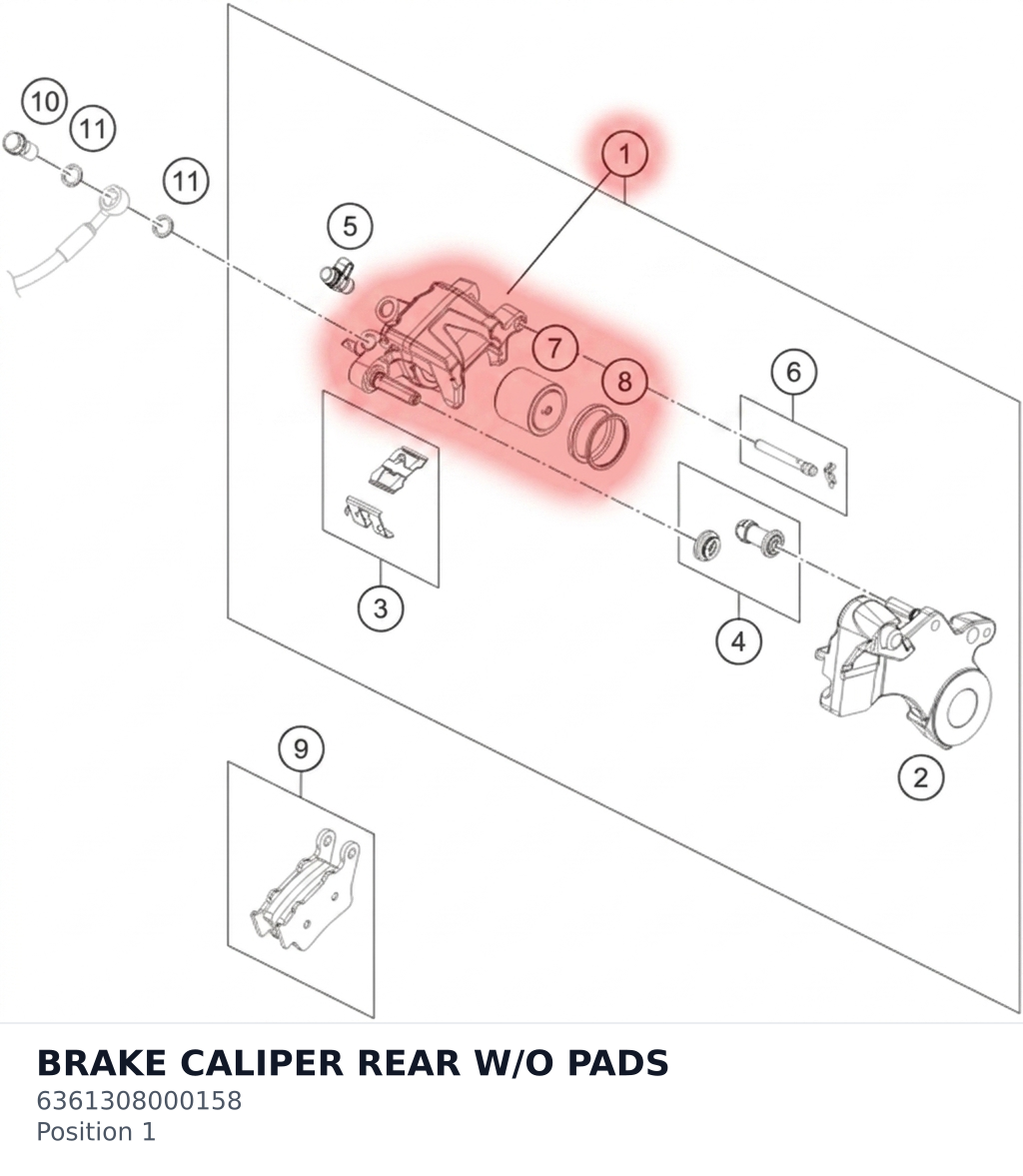Diagram preview: BRAKE CALIPER REAR W/O PADS (6361308000158)