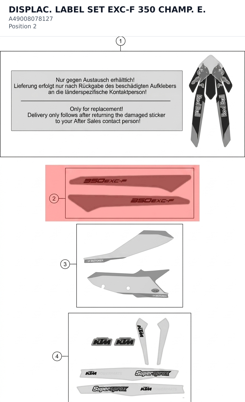 Diagram preview: DISPLAC. LABEL SET EXC-F 350 CHAMP. E. (A49008078127)