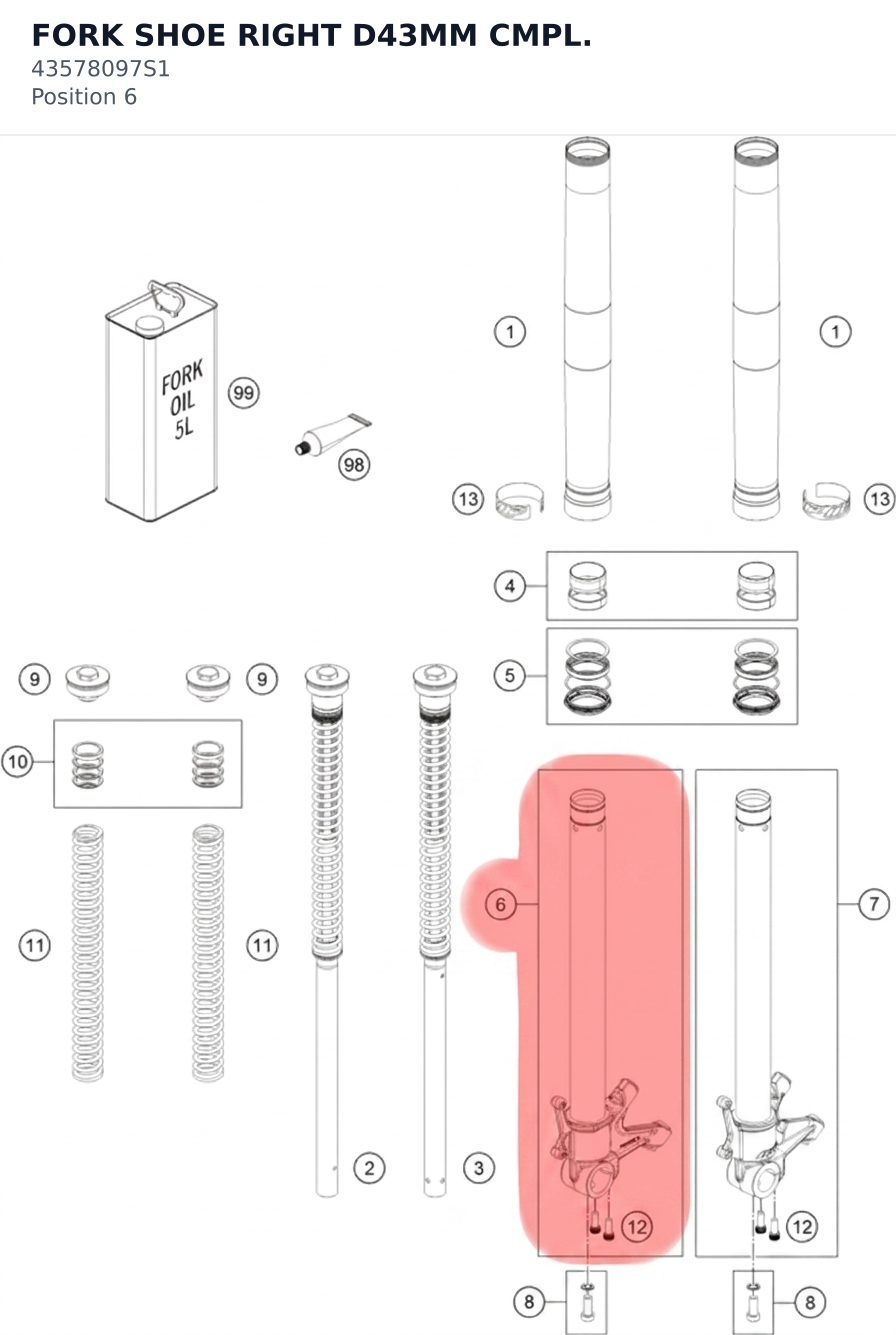 Diagram preview: FORK SHOE RIGHT D43MM CMPL. (43578097S1)