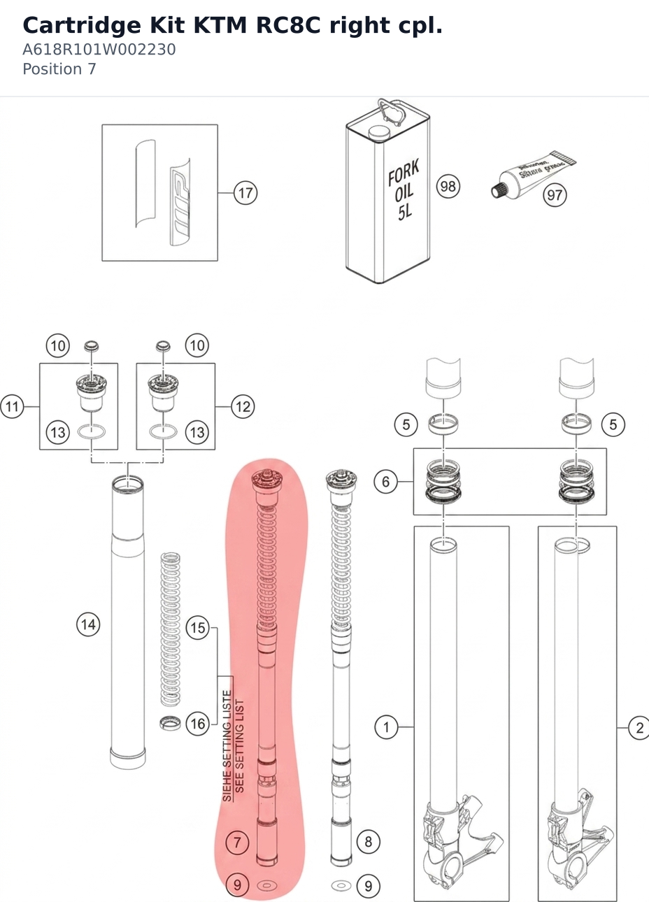 Diagram preview: Cartridge Kit KTM RC8C right cpl. (A618R101W002230)