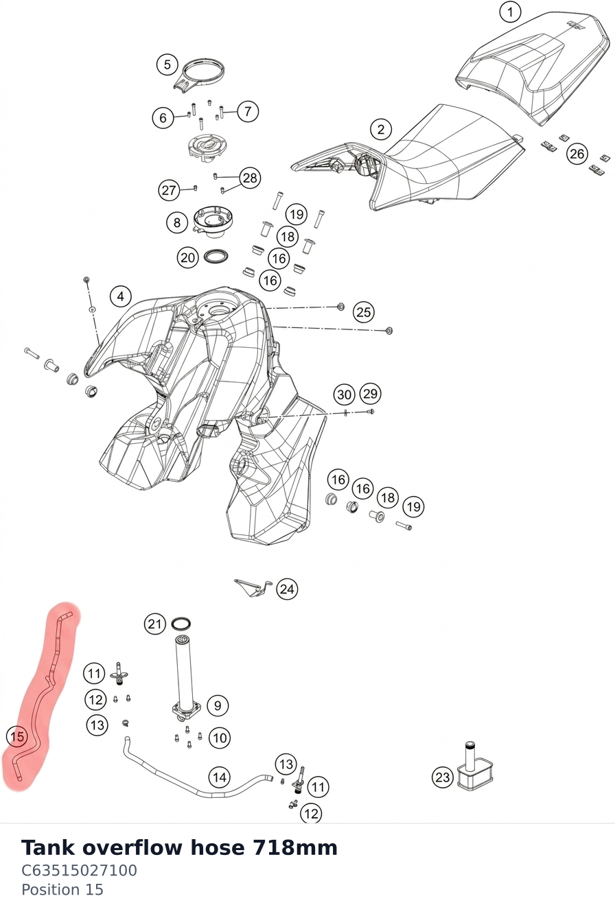 Diagram preview: Tank overflow hose 718mm (C63515027100)