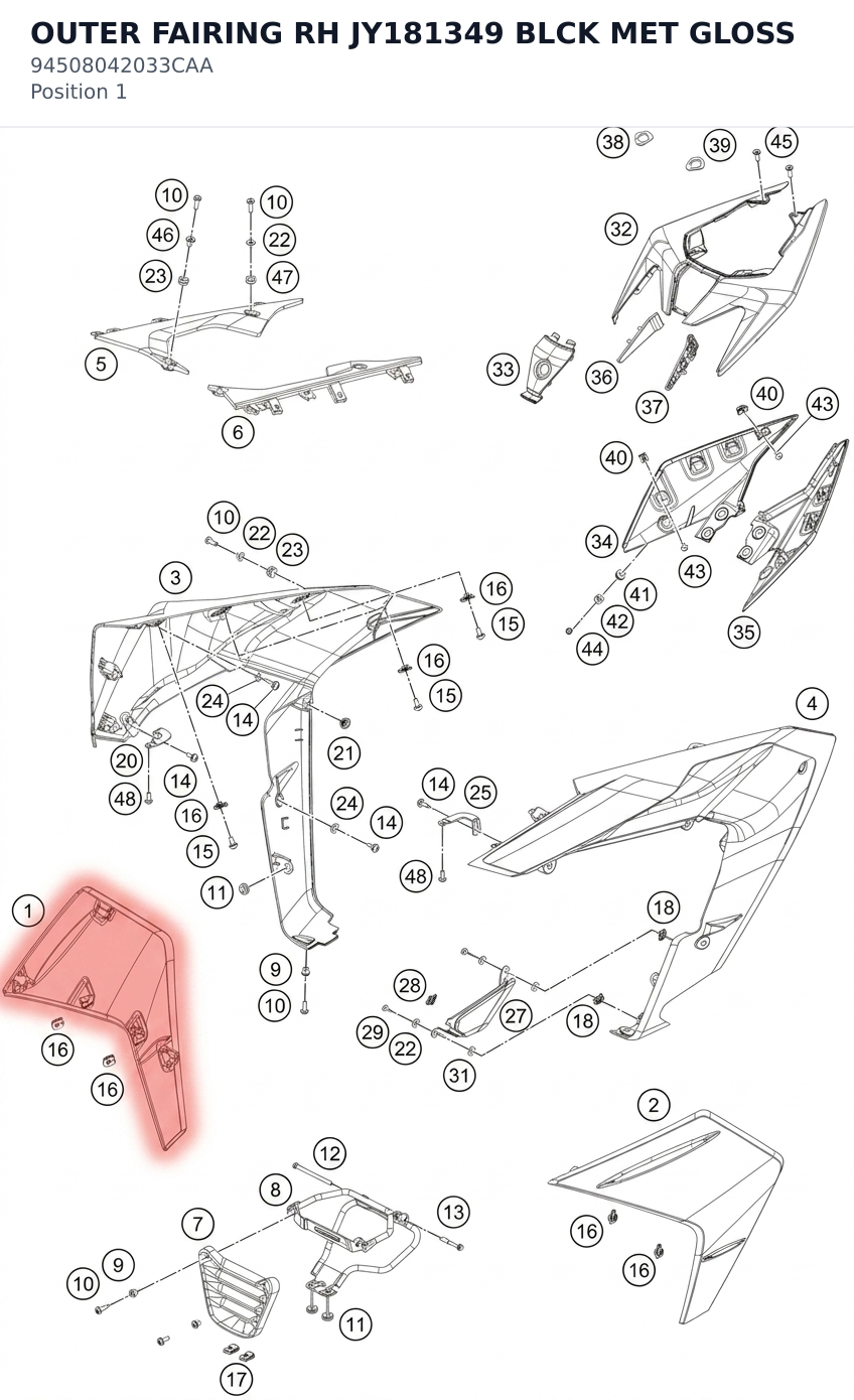 Diagram preview: OUTER FAIRING RH JY181349 BLCK MET GLOSS (94508042033CAA)