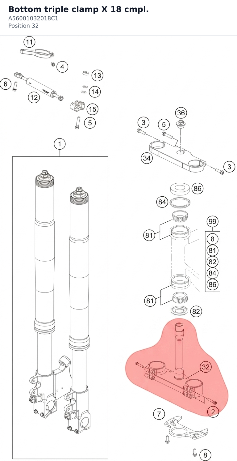 Diagram preview: Bottom triple clamp X 18 cmpl. (A56001032018C1)