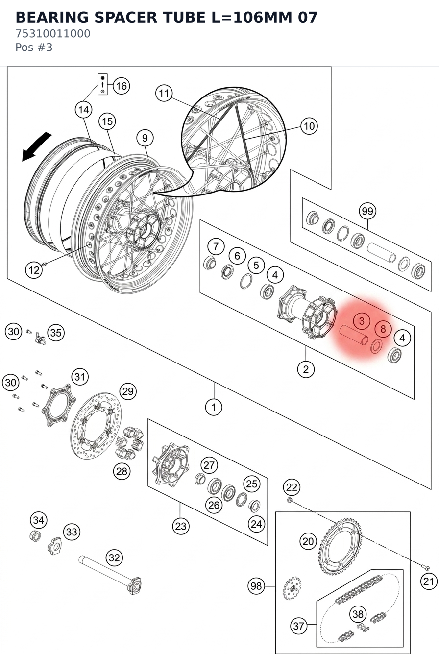 Diagram preview: BEARING SPACER TUBE L=106MM 07 (75310011000)