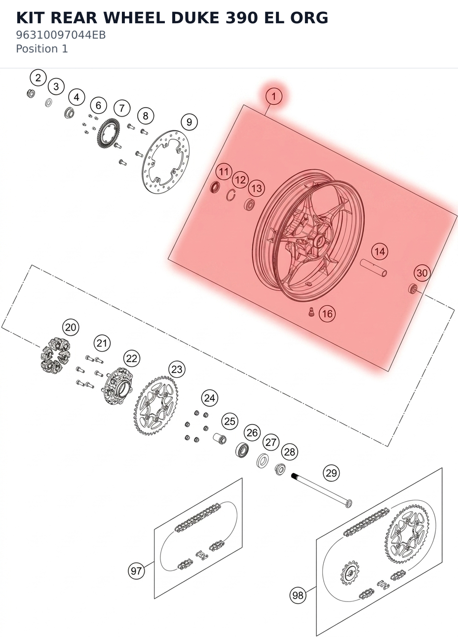 Diagram preview: KIT REAR WHEEL DUKE 390 EL ORG (96310097044EB)