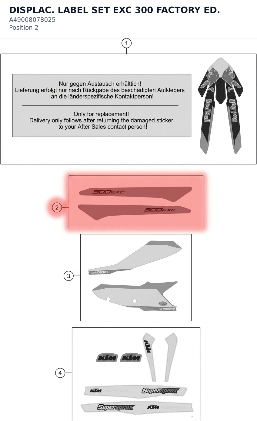 Diagram preview: DISPLAC. LABEL SET EXC 300 FACTORY ED. (A49008078025)