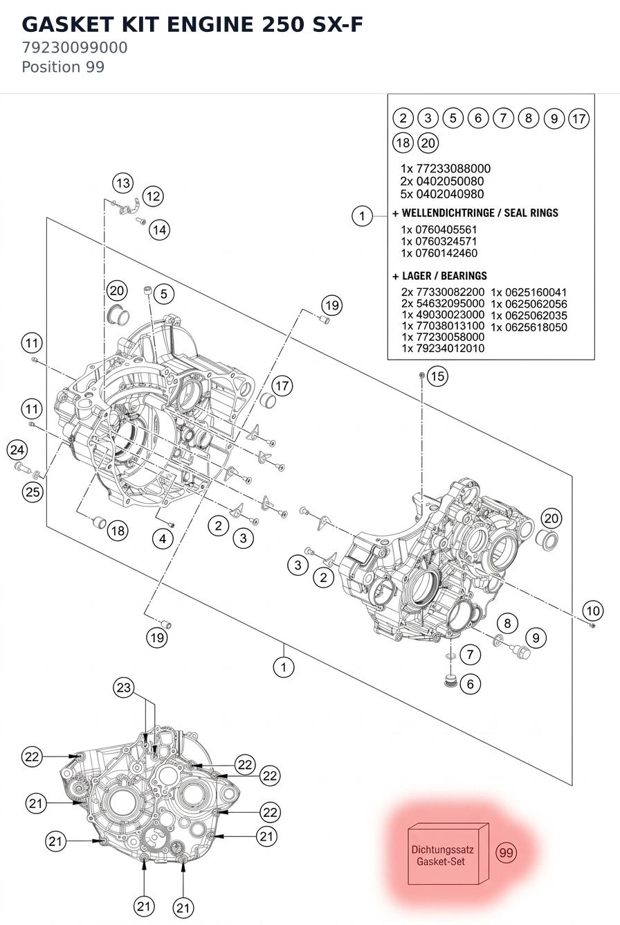 Diagram preview: GASKET KIT ENGINE 250 SX-F (79230099000)