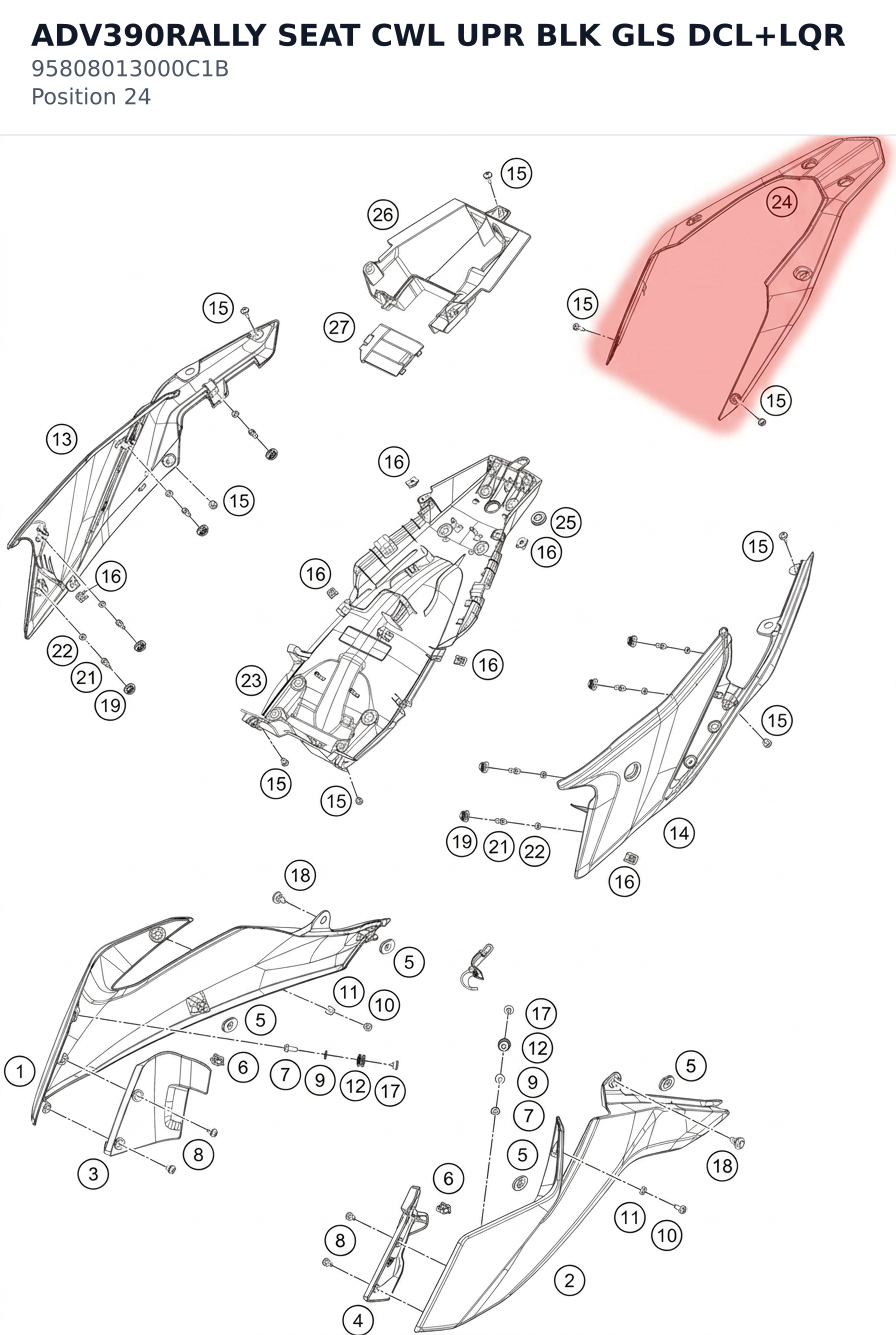 Diagram preview: ADV390RALLY SEAT CWL UPR BLK GLS DCL+LQR (95808013000C1B)