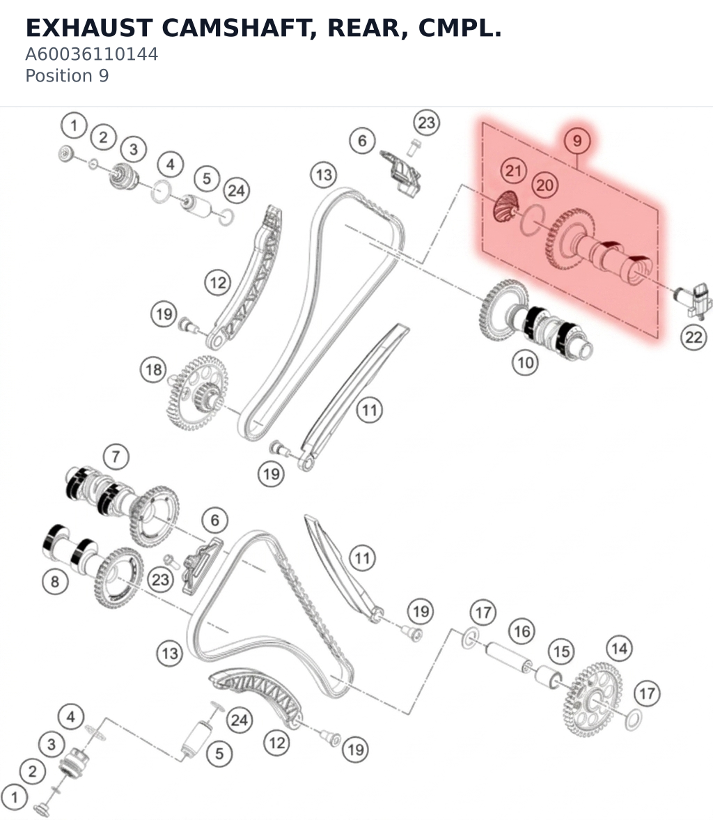Diagram preview: EXHAUST CAMSHAFT, REAR, CMPL. (A60036110144)