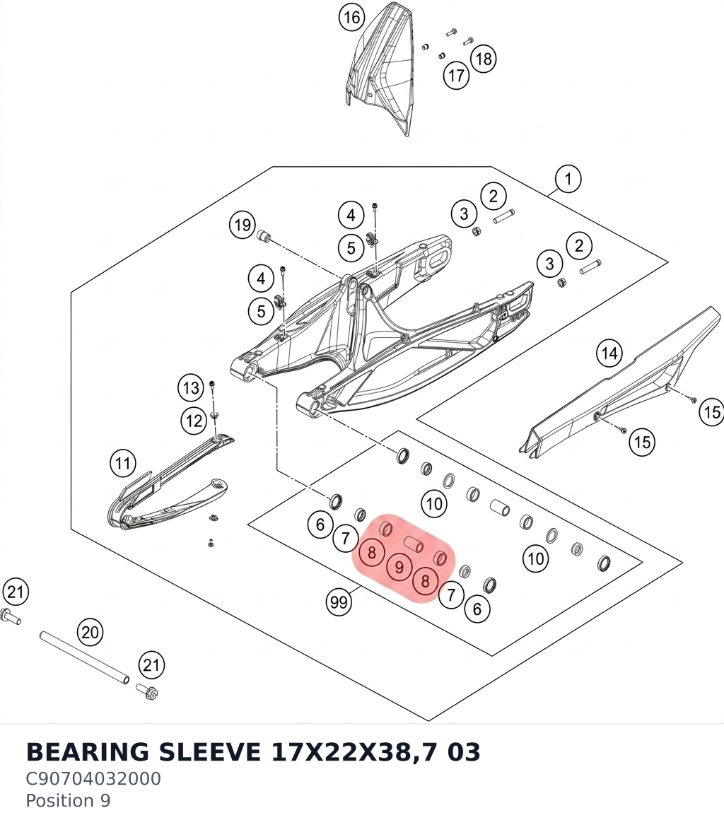 Diagram preview: BEARING SLEEVE 17X22X38,7 03 (C90704032000)