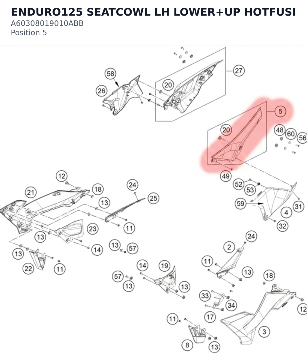 Diagram preview: ENDURO125 SEATCOWL LH LOWER+UP HOTFUSION (A60308019010ABB)