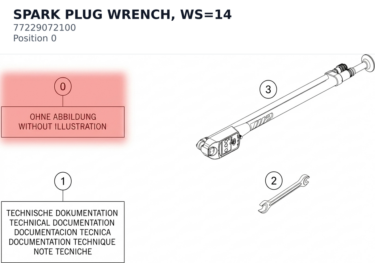 Diagram preview: SPARK PLUG WRENCH, WS=14 (77229072100)