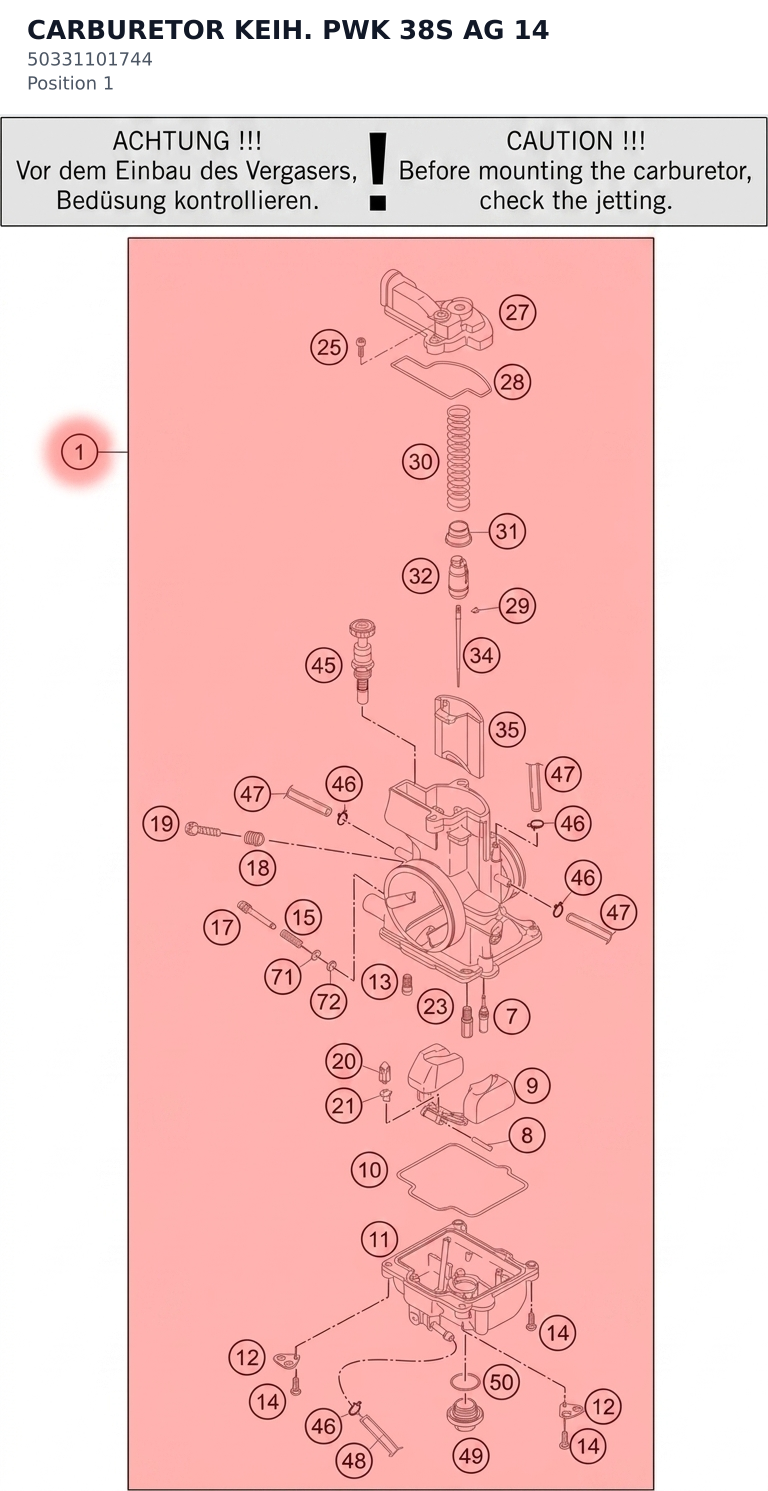 Diagram preview: CARBURETOR KEIH. PWK 38S AG 14 (50331101744)