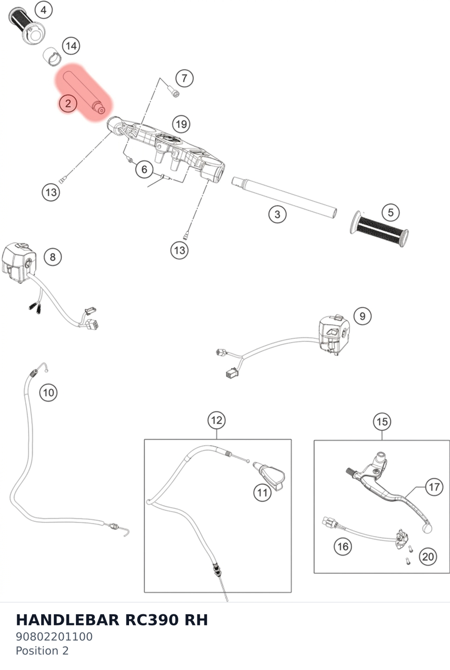 Diagram preview: HANDLEBAR RC390 RH (90802201100)