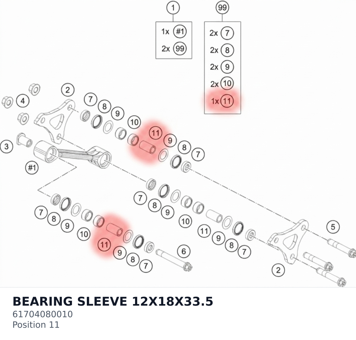 Diagram preview: BEARING SLEEVE 12X18X33.5 (61704080010)