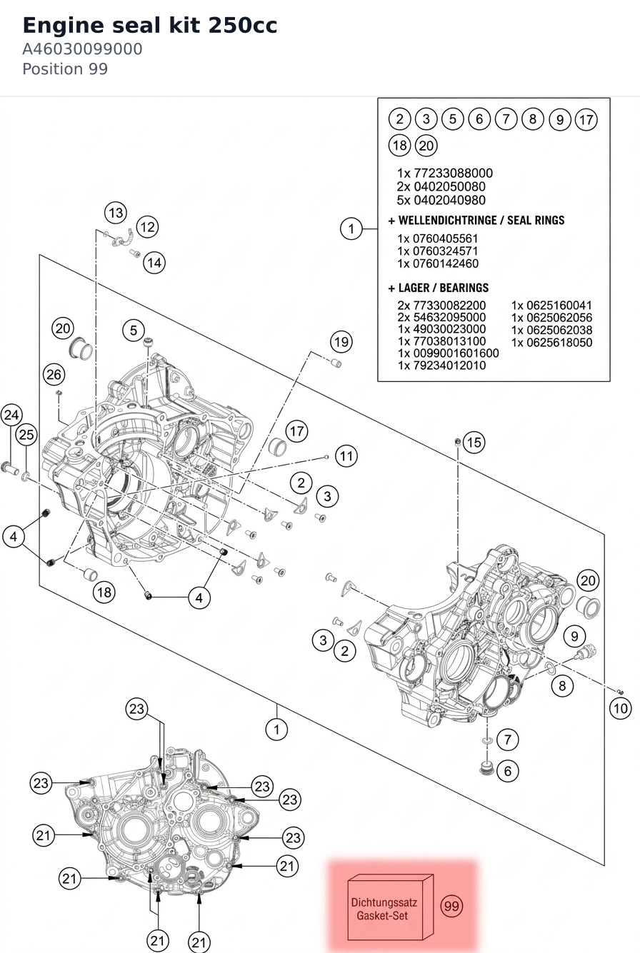 Diagram preview: Engine seal kit 250cc (A46030099000)