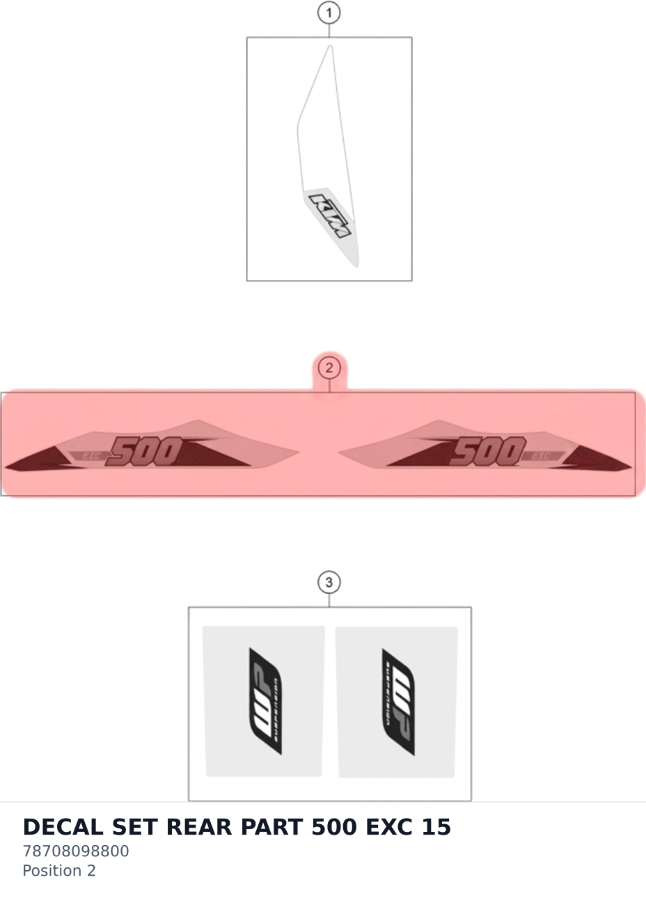Diagram preview: DECAL SET REAR PART 500 EXC 15 (78708098800)