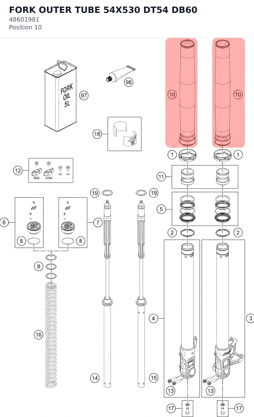 Diagram preview: FORK OUTER TUBE 54X530 DT54 DB60 (48601981)