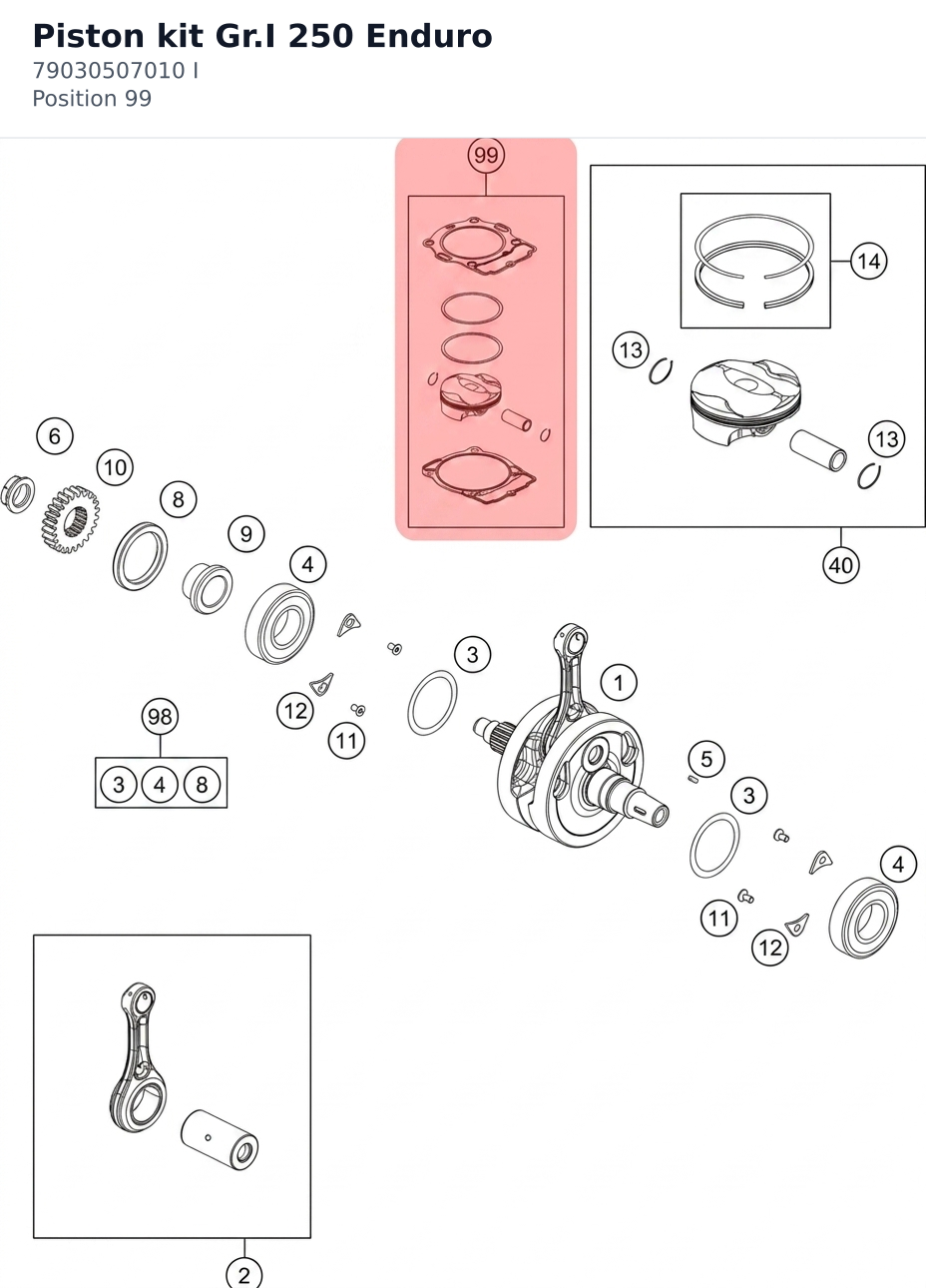 Diagram preview: Piston kit Gr.I 250 Enduro (79030507010 I)