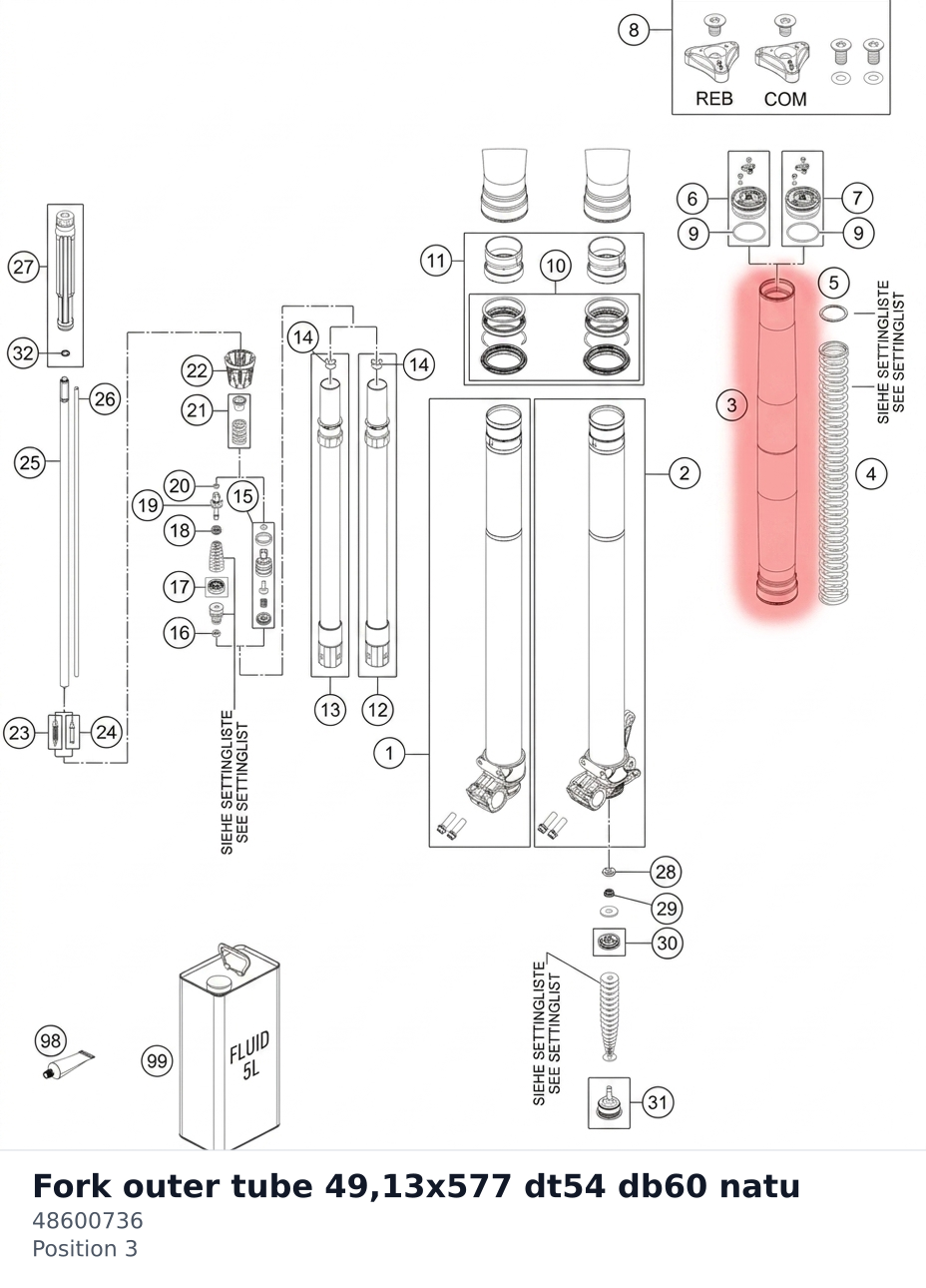 Diagram preview: Fork outer tube 49,13x577 dt54 db60 natu (48600736)