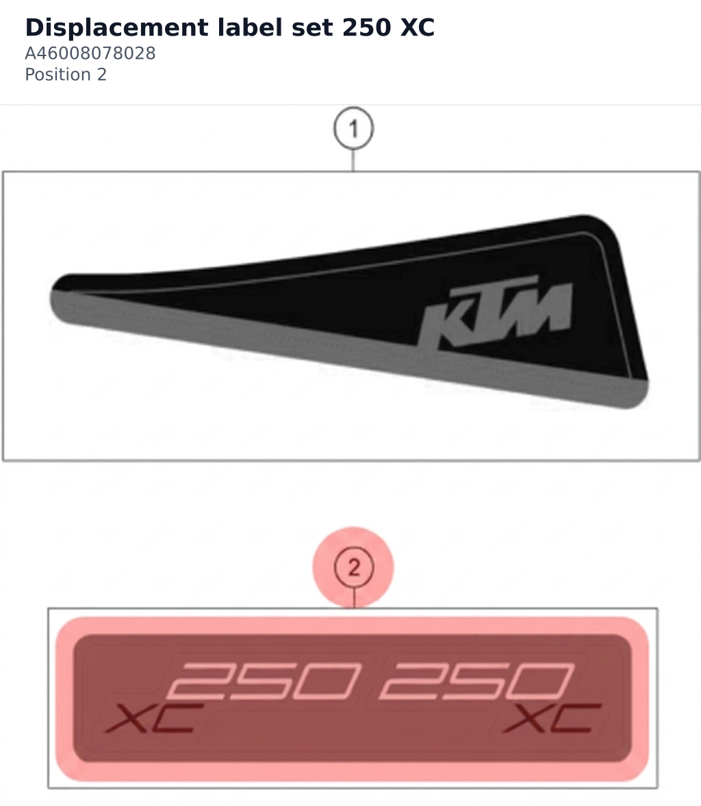 Diagram preview: Displacement label set 250 XC (A46008078028)