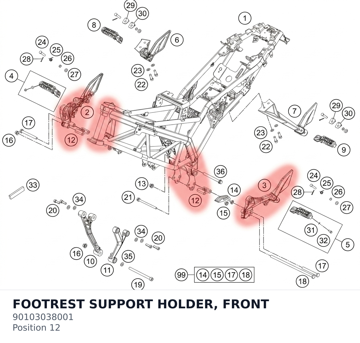 Diagram preview: FOOTREST SUPPORT HOLDER, FRONT (90103038001)