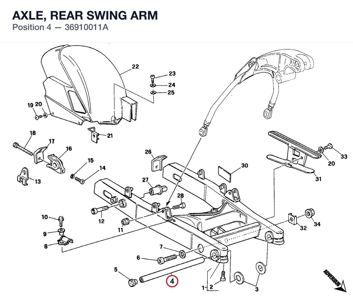 AXLE, REAR SWING ARM 36910011A diagram position