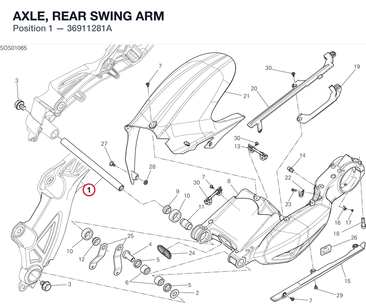 AXLE, REAR SWING ARM 36911281A diagram position