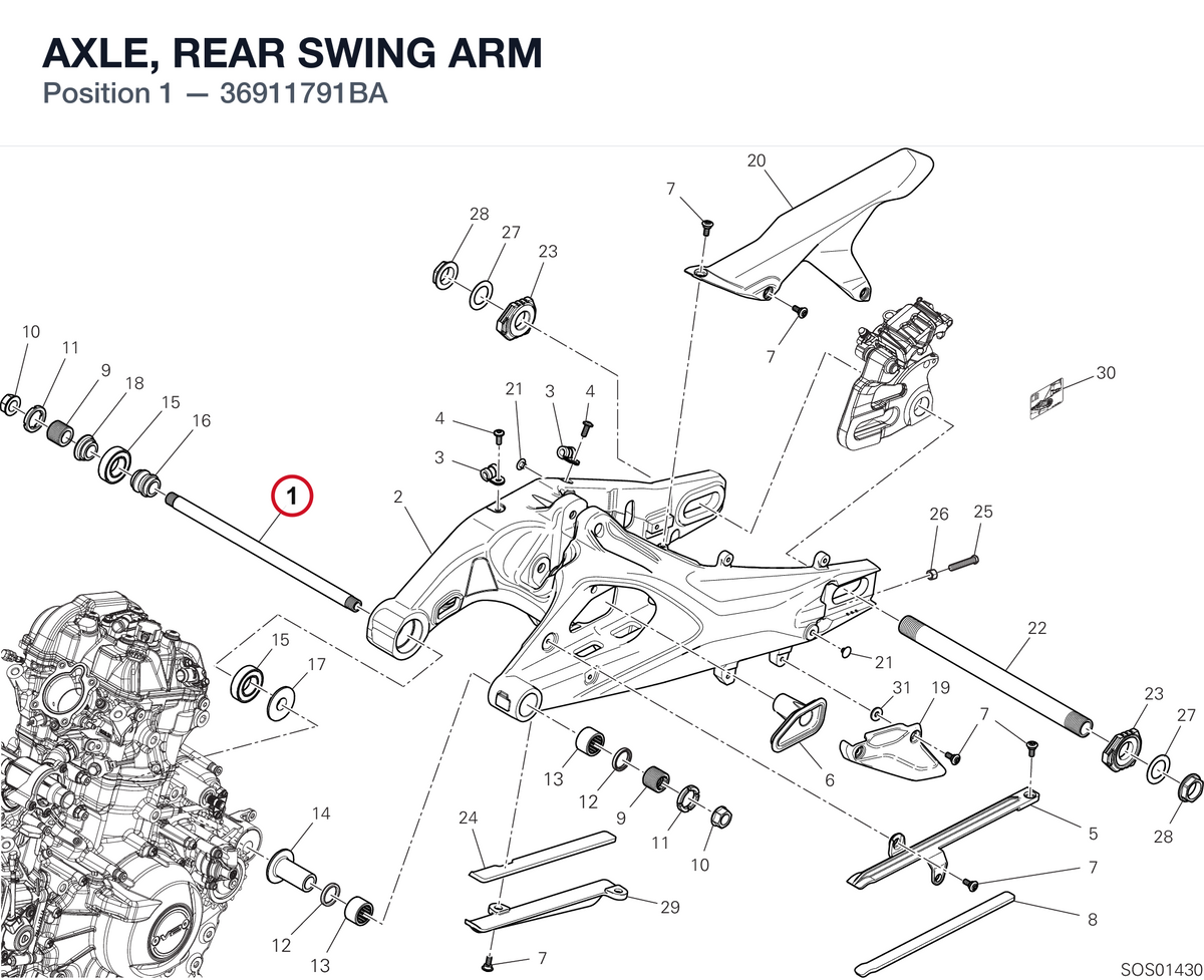 AXLE, REAR SWING ARM 36911791BA diagram position